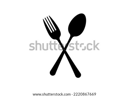Crossed fork and spoon vector icon black cutlery flat simple design isolated on white background. Top view dark silhuette tableware - spoon and fork shapes. Vector kitchenware symbol illustration.