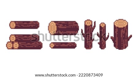 Tree log pixel art set. Timber pile collection. Raw stacked wood. 8 bit sprite. Game development, mobile app.  Isolated vector illustration.