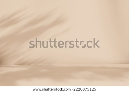 Blurred background. Abstract beige studio background for product presentation. Empty room with shadows of window and flowers and leaves . 3d room with copy space. Summer concert. Royalty-Free Stock Photo #2220875125