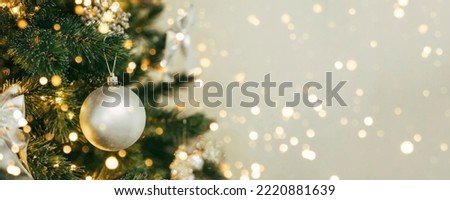 Christmas banner background. Christmas tree with christmas decoration. Long banner for design. Royalty-Free Stock Photo #2220881639