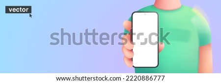 Character holding smartphone in hand on blue background. Realistic vector 3D design in cartoon style. Perfect for social media banners, UI template, business app, mobile phones advertising.