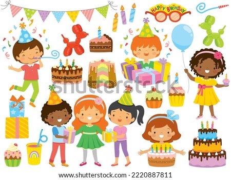 Birthday clipart set with kids and birthday party items