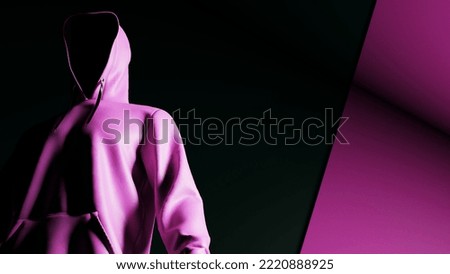 Anonymous hacker with pink color hoodie in shadow under deep black-pink background. Dangerous criminal concept image. 3D CG. 3D illustration. 3D high quality rendering.