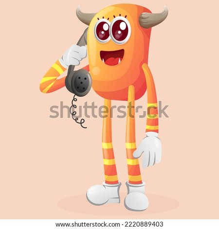 Cute orange monster pick up the phone, answering phone calls. Perfect for kids, small business or e-Commerce, merchandise and sticker, banner promotion, blog or vlog channel
