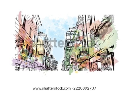 Building view with landmark of Pescara is the 
city in Italy. Watercolor splash with hand drawn sketch illustration in vector.