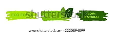 Green natural bio labels. Set of three green organic, bio, eco, vegan labels on hand drawn stains. Vector illustration