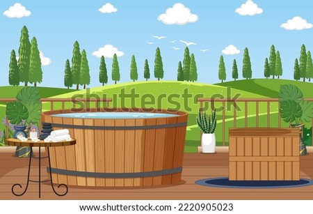 Outdoor bath tub spa scene illustration
