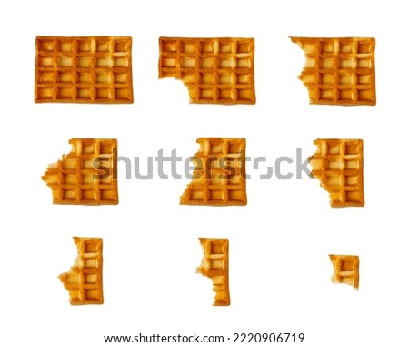 Broken Belgian Waffle Isolated Set, Square Waffled Cookie Animation, Eating Soft Golden Belgium Waffles Bites, Wafer Biscuit Breakfast on White Background Top View, Clipping Path