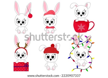 Hand Drawn cute bunny for Christmas and winter cartoon style. Chinese New year 2023 symbol. Vector illustration in cartoon style. Design element for greeting cards, holiday banner, decor.