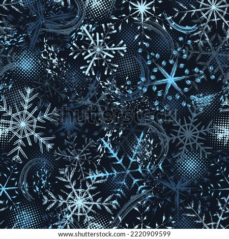 Blue camouflage pattern with grunge silhouette of snowflakes, paint brush strokes, round halftone shapes. Messy random composition