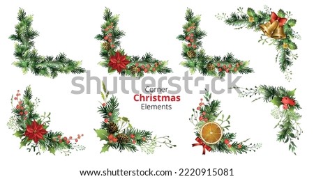 Set of corner Christmas elements with poinsettia, berries, cones, jingle bells, orange slices.  Spruce corner garlands. Vector illustration. Royalty-Free Stock Photo #2220915081