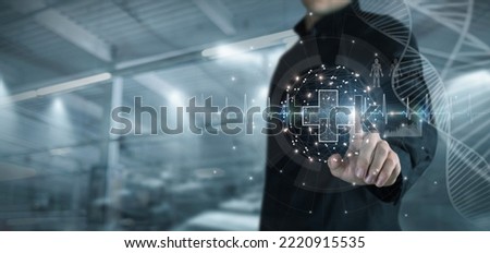 Concept of health care. A man clicks on a health protection symbol on a virtual computer screen.