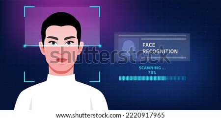 Facial biometric scanning for face recognition system concept. Responsive banner design. Futuristic and technological face scanning for face recognition and office staff recognition vector concept. Royalty-Free Stock Photo #2220917965