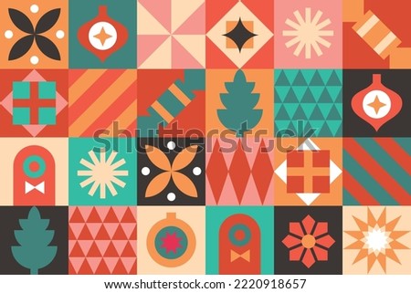Christmas icons elements with geometric Bauhaus seamless vector pattern for wrapping paper, background, wallpaper. Holiday season, modern, contemporary abstract design.