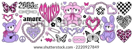 Y2k glamour pink stickers. Butterfly, kawaii bear, fire, flame, chain, heart, tattoo and other elements in trendy emo goth 2000s style. Vector hand drawn icon. 90s, 00s aesthetic. Pink pastel colors. Royalty-Free Stock Photo #2220927849