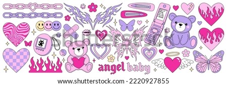 Y2k glamour pink stickers. Butterfly, kawaii bear, fire, flame, chain, heart, tattoo and other elements in trendy emo goth 2000s style. Vector hand drawn icon. 90s, 00s aesthetic. Pink pastel colors. Royalty-Free Stock Photo #2220927855