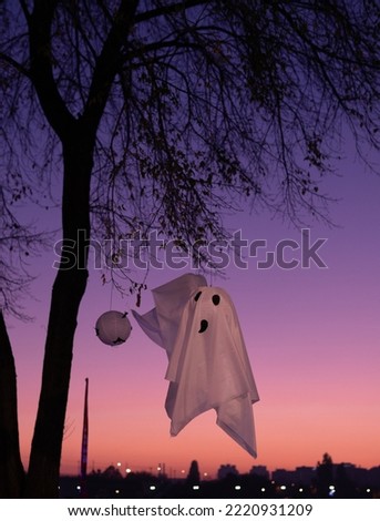 Helloween decoration in front of beautiful sunset sky