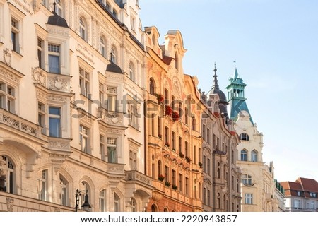 Czech republic, Prague, city views with clear blue sky. Perspective of art-nouveau residential buildings in Prague in pastel colors. Beautiful mansions or houses facades at Old Town. architecture