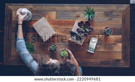 Top view of young woman placing camera, plants and sunglasses on table for flatlay photographs. Design and modern technology concept.