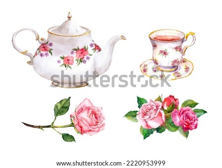 Set of tea cup, pot and rose flowers. Watercolor collection of vintage teapot, teacup and red, pink roses. Water paint