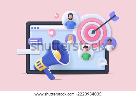 Realistic concept of digital marketing scene without people in 3D cartoon style. Image of the main functions of marketers. Vector illustration. Royalty-Free Stock Photo #2220954035