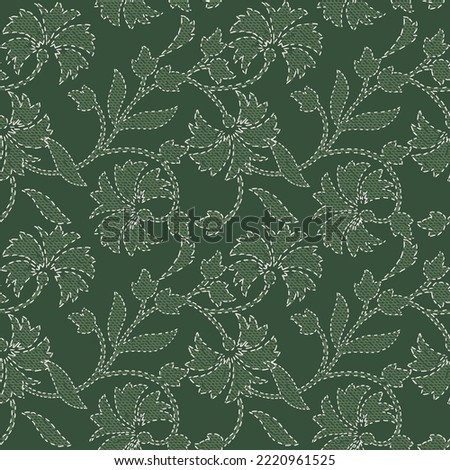 traditional embroidery floral pattern artwork Mughal art embroidery stitches beautiful decorative mughal art border embroidery stitches pattern for digital fabric prints on green background. Royalty-Free Stock Photo #2220961525