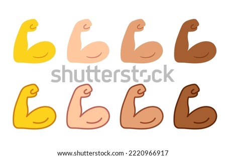 Flexed bicep emoji icon set. Strong arm symbol in two styles, outlined and flat cartoon. Different skin color. Vector illustration.