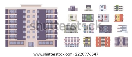 Modern city tower block building set. High rise new and glassy tall apartment buildings, multi-storey public housing project, social complex urban residence development. Vector flat style illustration Royalty-Free Stock Photo #2220976547