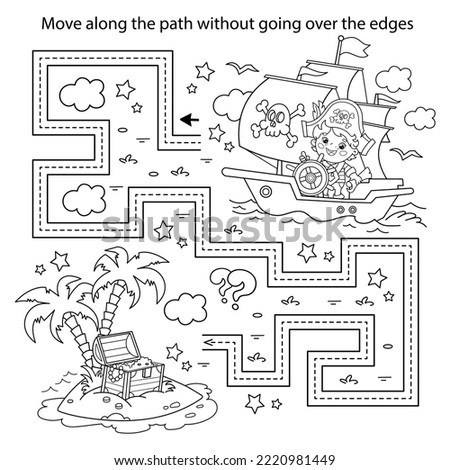 Handwriting practice sheet. Simple educational game or maze. Coloring Page Outline Of cartoon pirate on pirate ship or sailboat with black sails. Island of treasure. Coloring book for kids.