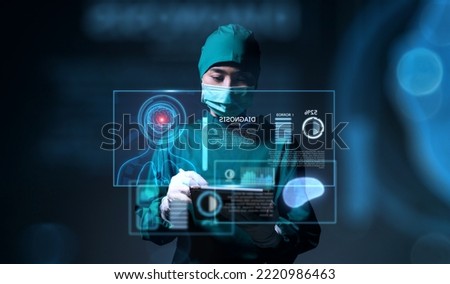 Doctor brain neurologist specialist surgeon using computer tablet pad display screen technology artificial intelligence assistance AI, operation simulation augmented reality medical healthcare tech