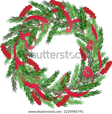 Photo realistic winter Christmas wreath with evergreen branches decorative red ribbon and berries