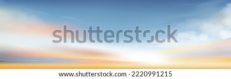 Spring Sunset sky scape in blue and yellow colour,Vector of Morning sky, sky in sunny day Summer, Horizon Natural banner background for World environment day, Save the earth or Earth day Royalty-Free Stock Photo #2220991215