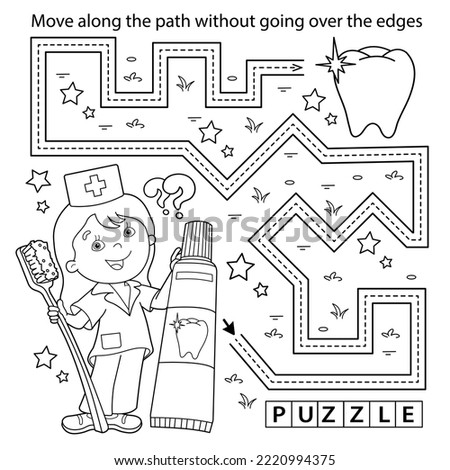 Handwriting practice sheet. Simple educational game or maze. Coloring Page Outline Of cartoon doctor with toothbrush and toothpaste. Coloring book for kids.