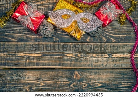 Christmas wooden background with gifts and a place to copy.