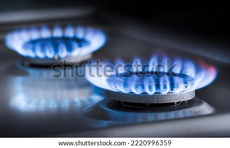 two burning gas burners on a kitchen gas stove Royalty-Free Stock Photo #2220996359