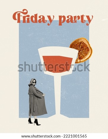 Contemporary artwork. Creative design in retro style. Young stylish woman opening a coat in front of delicious Bloody mary cocktail. Concept of fun, party, youth, lifestyle, Friday meeting, weekend