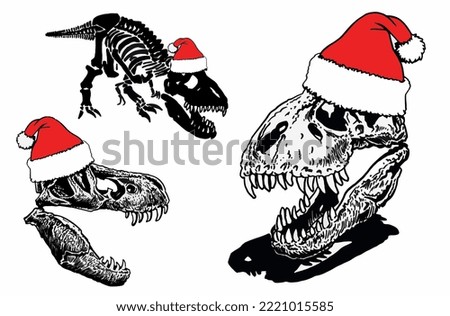 Graphical dinosaur skeletons in Santa Claus hats isolated on white background,vector illustration.Christmas element