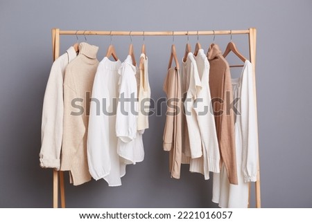 Indoor shot of pastel blouses, shirts, t shirts and sweater are hanging in wardrobe on shelf, basic wardrobe for a fashionista in a fashion store.
