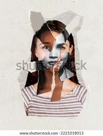 Contemporary artwork. Modern design. Female head made from women's faces of different nationalities and skin color. Concept of beauty standards, multi ethnicity, friendship, diversity, human rights Royalty-Free Stock Photo #2221018013
