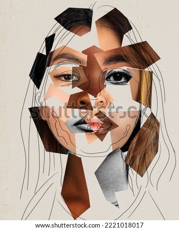 Contemporary art collage. Modern design. Female face made from different face parts of women of various races. Concept of beauty standards, multi ethnicity, friendship, diversity, human rights Royalty-Free Stock Photo #2221018017