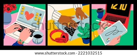 Female hands working on laptop, holding graphic tablet. Working, drawing, chatting, study, communication, work from home concept. Set of three hand drawn modern Vector illustrations