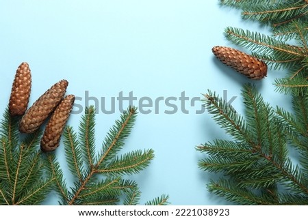 Merry Christmas and Happy Holidays greeting card, frame, banner. New Year.New Year's Eve background with fir branch and cones