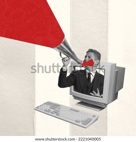 Creative design. Conceptual artwork. Man with sealed mouth shouting in megaphone sticking out computer monitor. Propaganda. Concept of creativity, mass media influence, information, fake news.