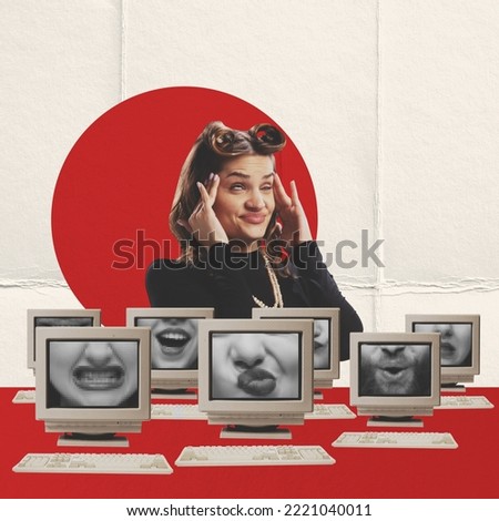 Creative design. Conceptual artwork. Young woman holding head in information overflow. Retro computer screen with human mouth. Concept of creativity, mass media influence, information, fake news. Royalty-Free Stock Photo #2221040011