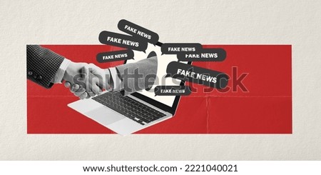 Creative design. Conceptual artwork. Male shaking hands sticking out laptop screen. Spreading fake information. Lie. Concept of creativity, mass media influence, information, fake news, propaganda Royalty-Free Stock Photo #2221040021