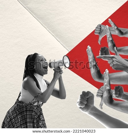 Creative design. Conceptual image. Emotive woman shouting in megaphone in front of human hands showing gesture of dislike. Concept of politics, social issues, human rights, propaganda, voting system