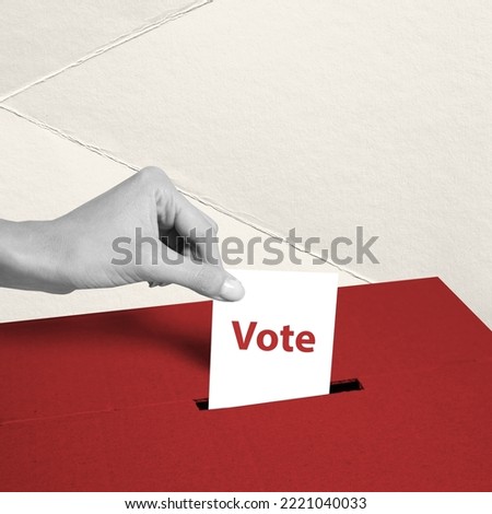 Creative design. Conceptual image. Female hand putting voting blank, ballot into box. Social awareness. Concept of politics, social issues, human rights, propaganda, voting system. Modern artwork