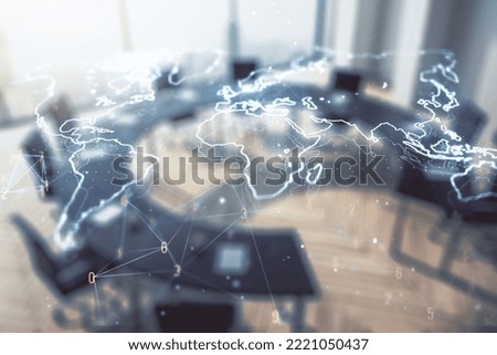 Double exposure of abstract digital world map hologram on a modern boardroom background, big data and blockchain concept