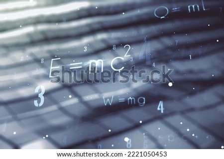 Scientific formula illustration on abstract metal background, science and research concept. Multiexposure
