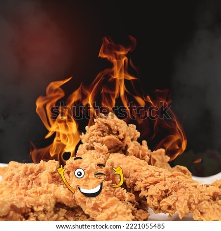 Crispy Fried Chicken Nuggets over Fire Flames with Winking Face Emoticon Cartoon on White Background